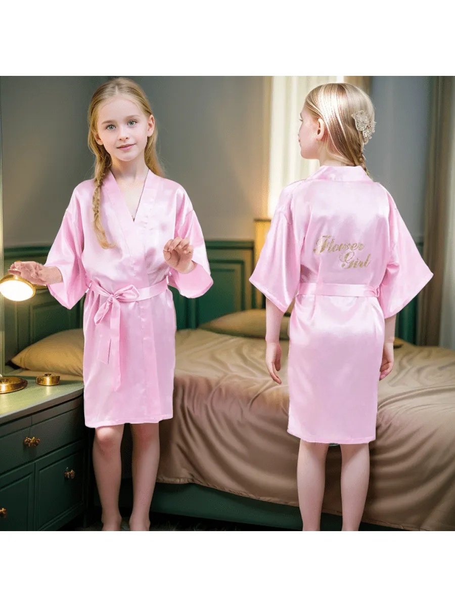 1pc Girl's Long Bathrobe With Gold Letter Printing, 3/4 Sleeves, Thin Morning Robe, Flower Girl Sleepwear, Nightgown, Wedding Party Dress