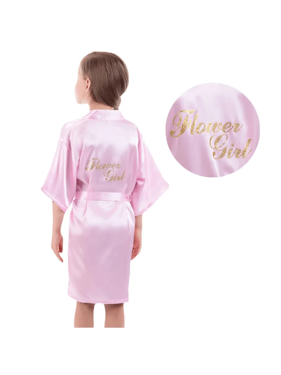 1pc Girl's Long Bathrobe With Gold Letter Printing, 3/4 Sleeves, Thin Morning Robe, Flower Girl Sleepwear, Nightgown, Wedding Party Dress