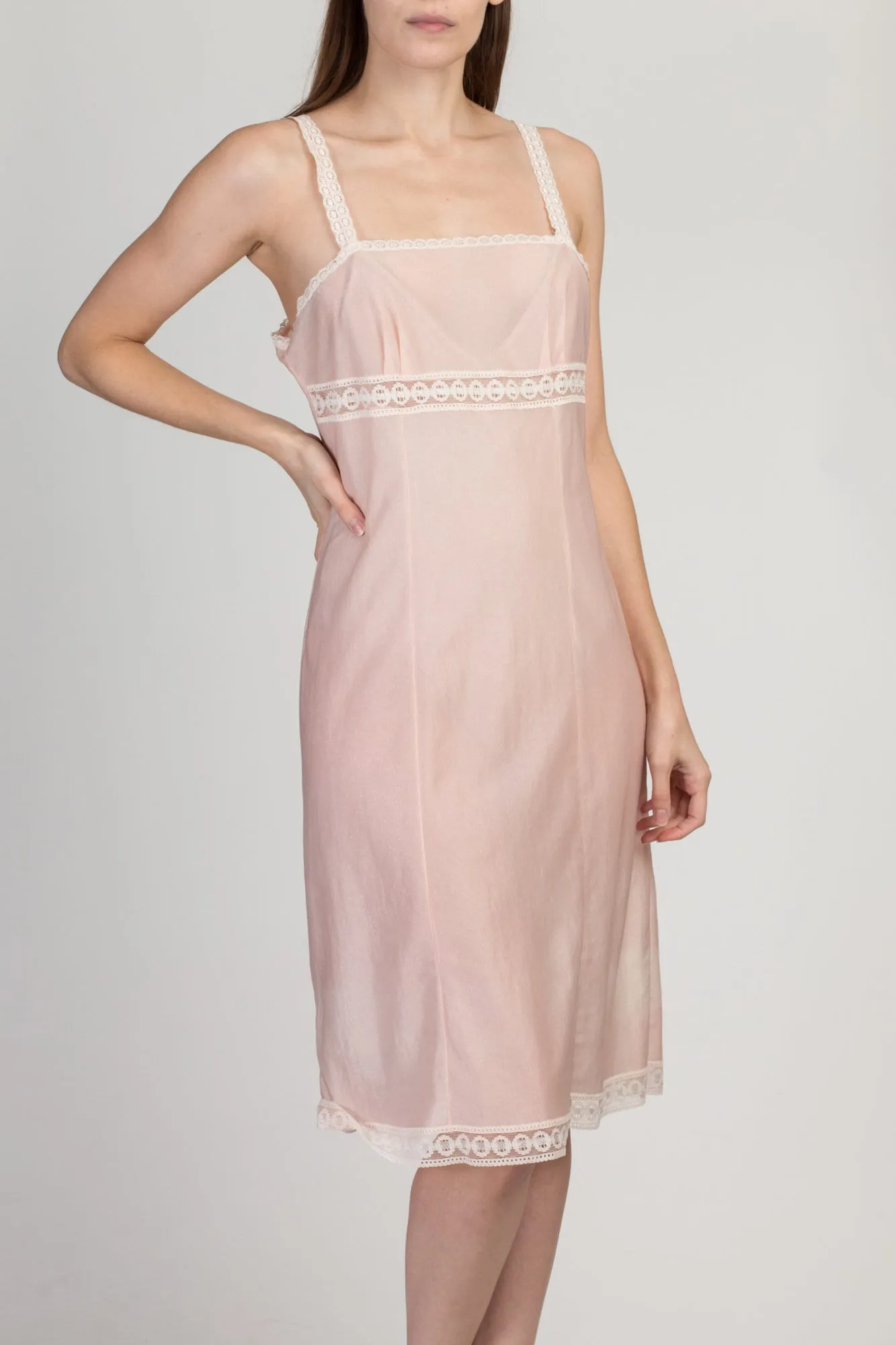 70s Sheer Baby Pink Lace Trim Nightie - Medium