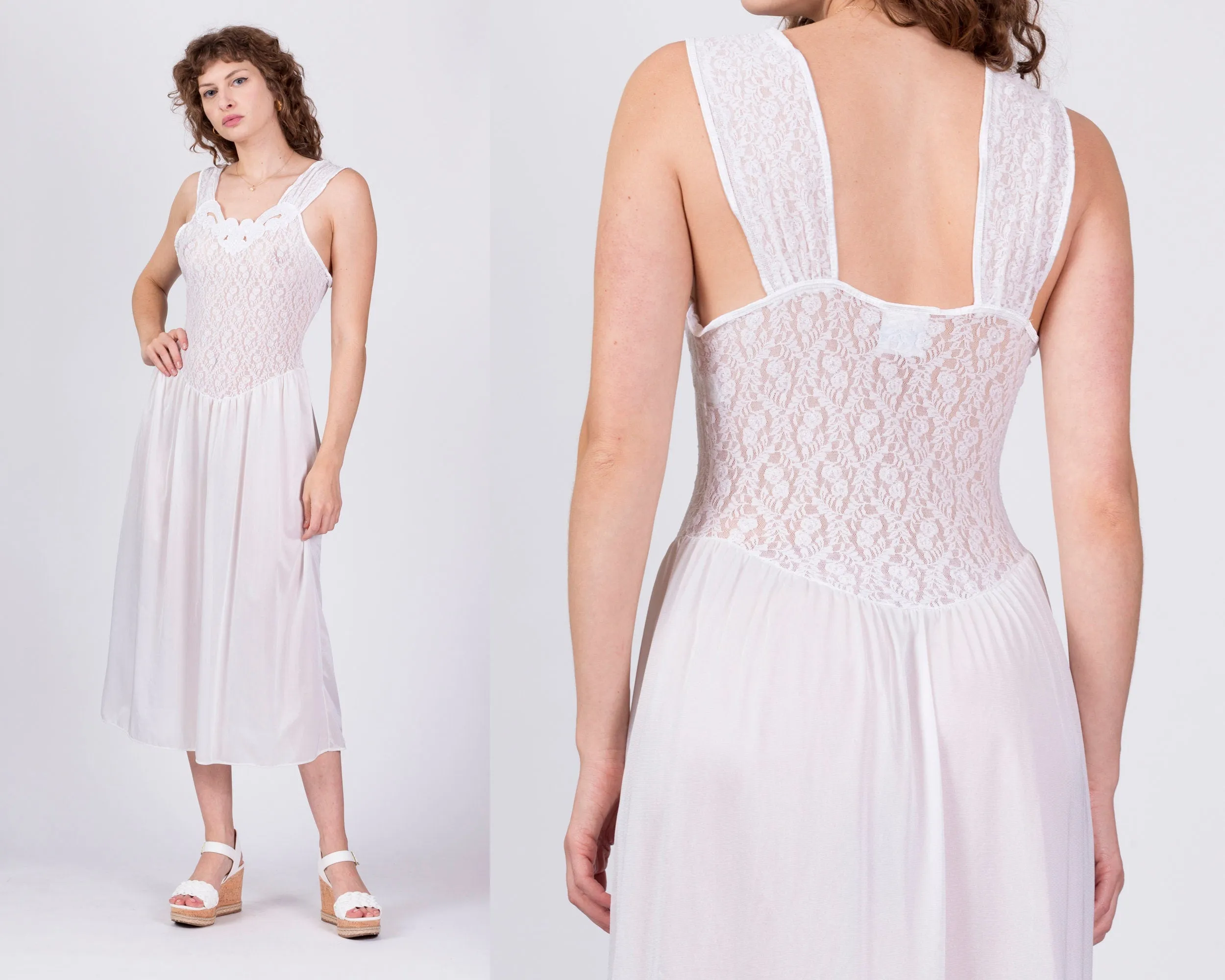 80s Sheer White Lace Nightgown - Medium