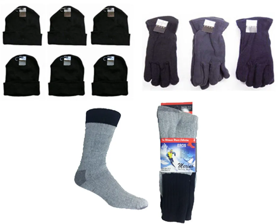 adult cuffed knit hats, men's fleece gloves, and merino wool blend socks combo Case of 180