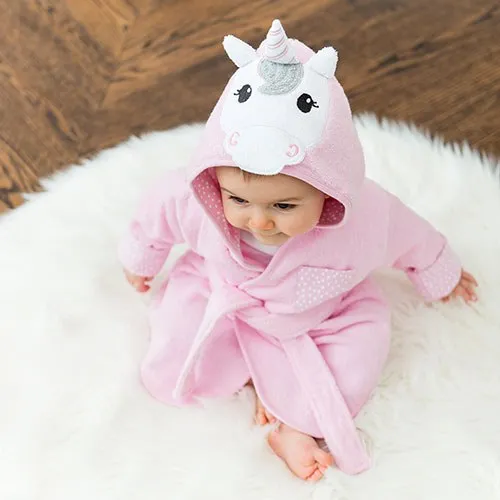 ANIMAL FACE HOODED BATHROBE - PINK UNICORN