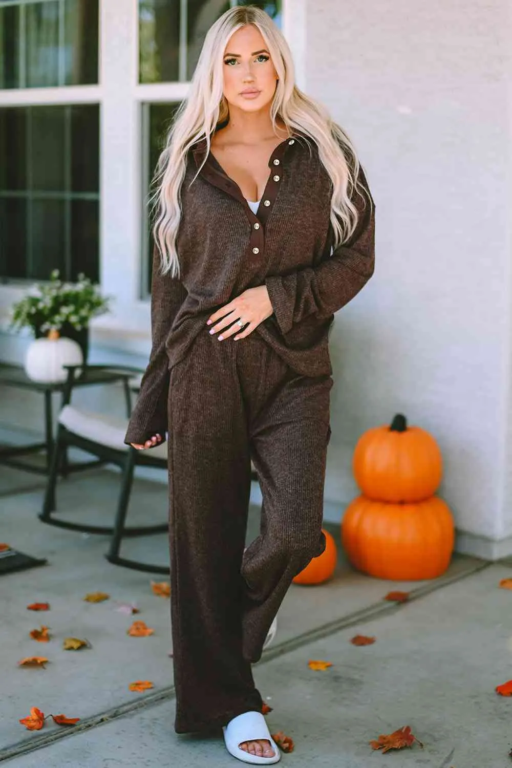 Buttoned Long Sleeve Top and Long Pants Lounge Set