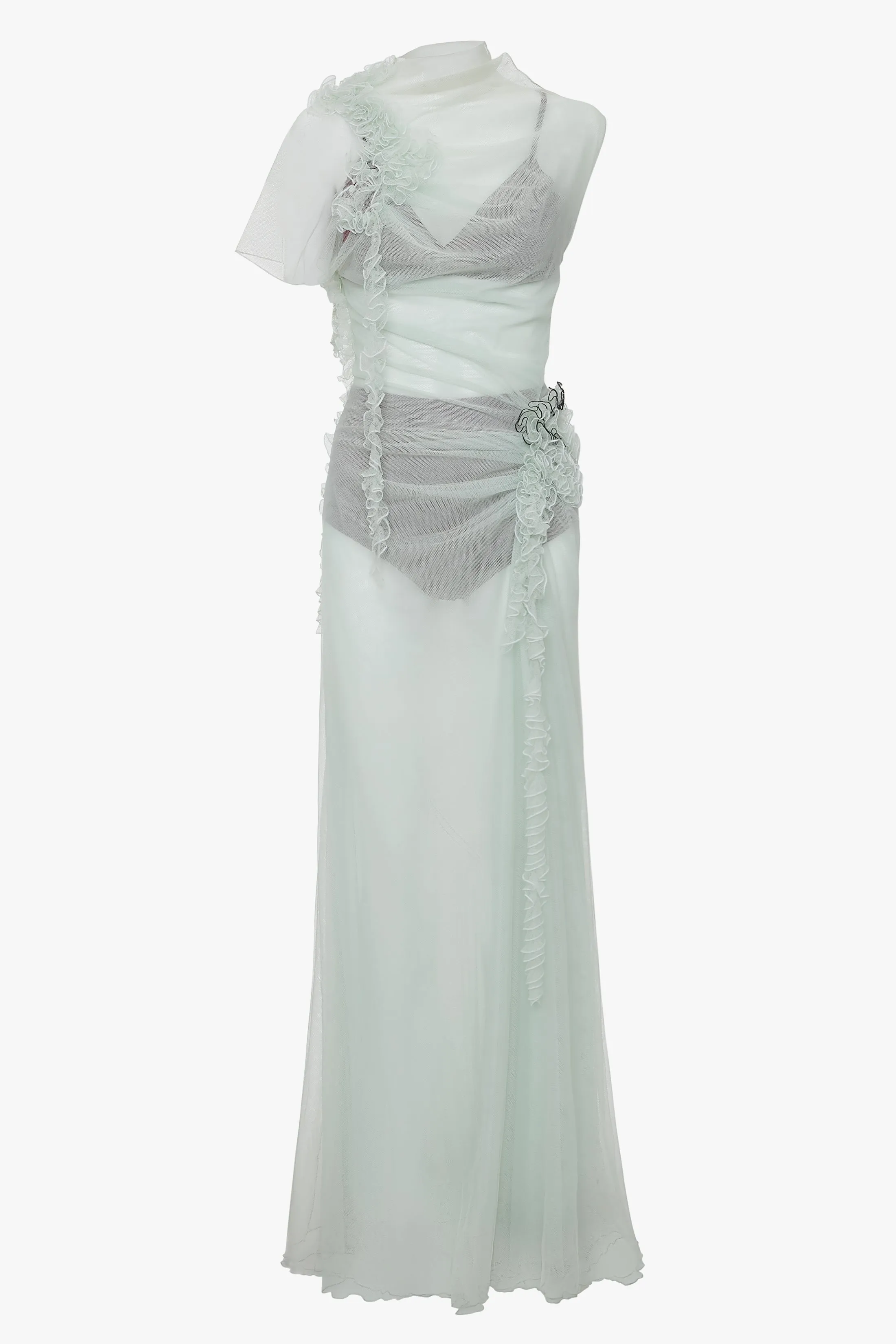 Gathered Tulle Detail Floor-Length Dress In Jade