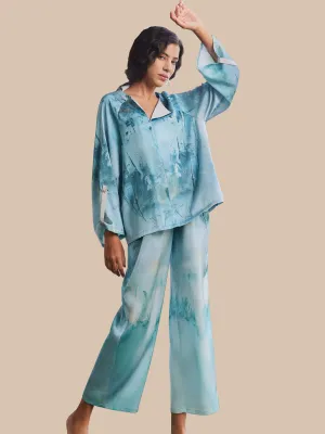 Green Ink Tie-dye Pajama Set 2Pcs with Blouse and Pants