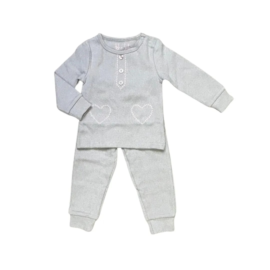 Grey Stitch Trim Pink Heart Infant Pajama Set