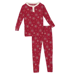 Kickee Pants Print Long Sleeve Henley Pajama Set - Crimson Snowflakes