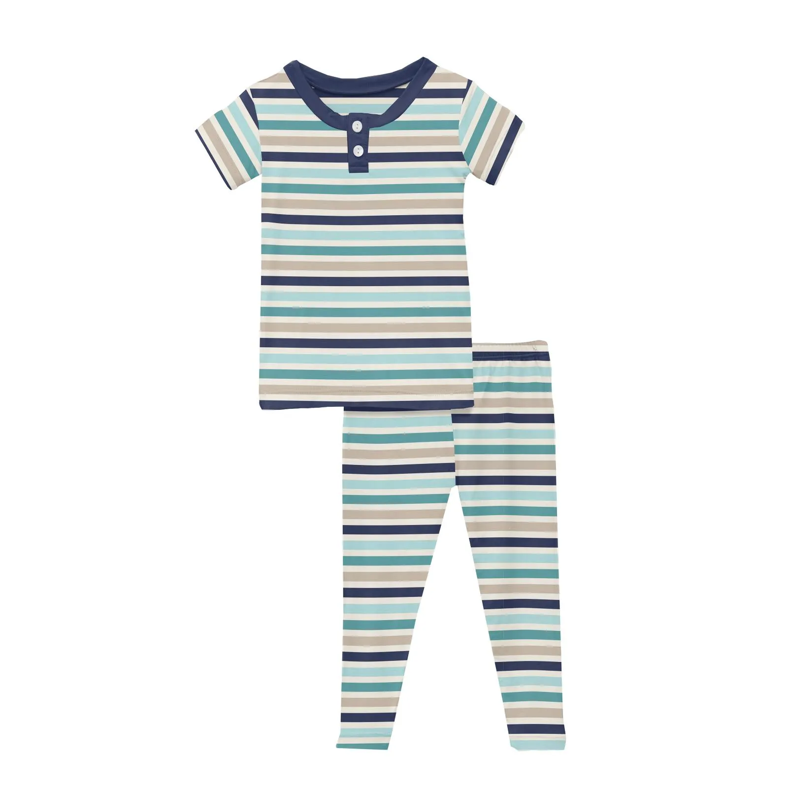 Kickee Pants Print Short Sleeve Henley Pajama Set - Sand & Sea Stripe