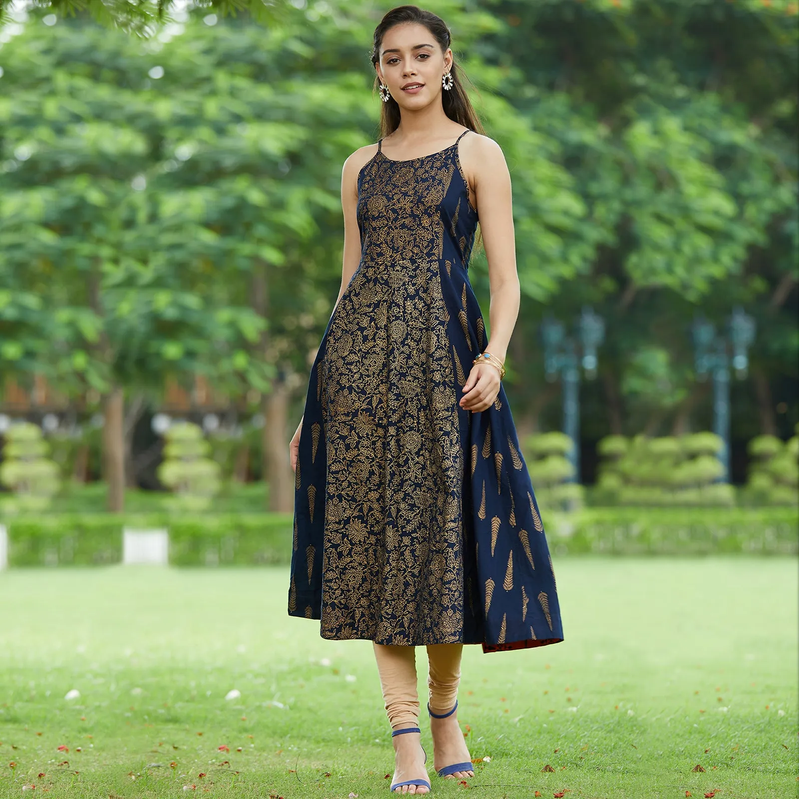 Navy Blue Printed Strappy Kurta