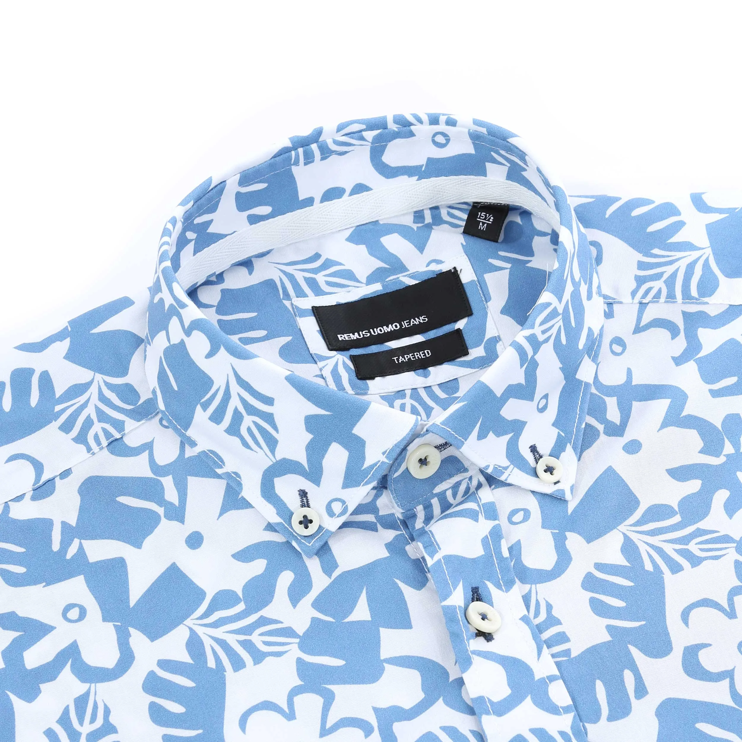 Remus Uomo Leaf Floral Print Short Sleeve Shirt in Blue White