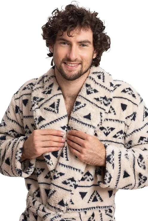 Subtle Elegance: Men's Full-Length Sherpa Robe in Beige Print - Classic Comfort Meets Modern Design