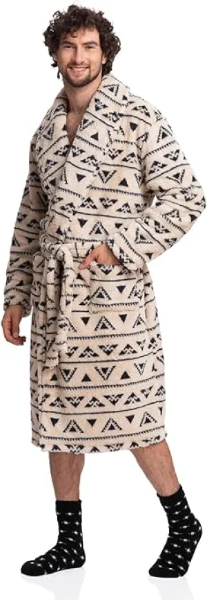 Subtle Elegance: Men's Full-Length Sherpa Robe in Beige Print - Classic Comfort Meets Modern Design