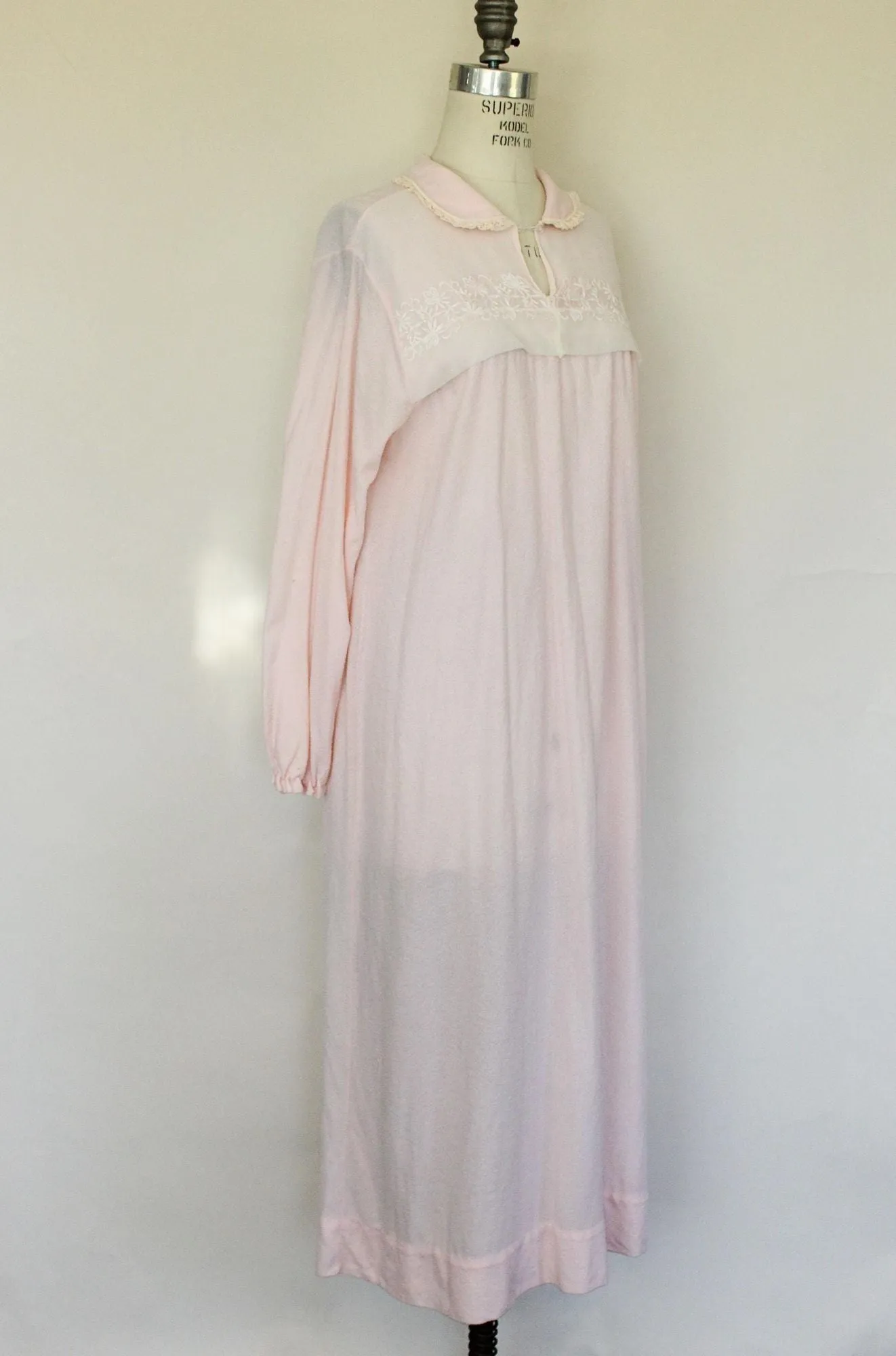 Vintage 1960s Carol Brent Pink Flannel and Lace Trim Nightgown