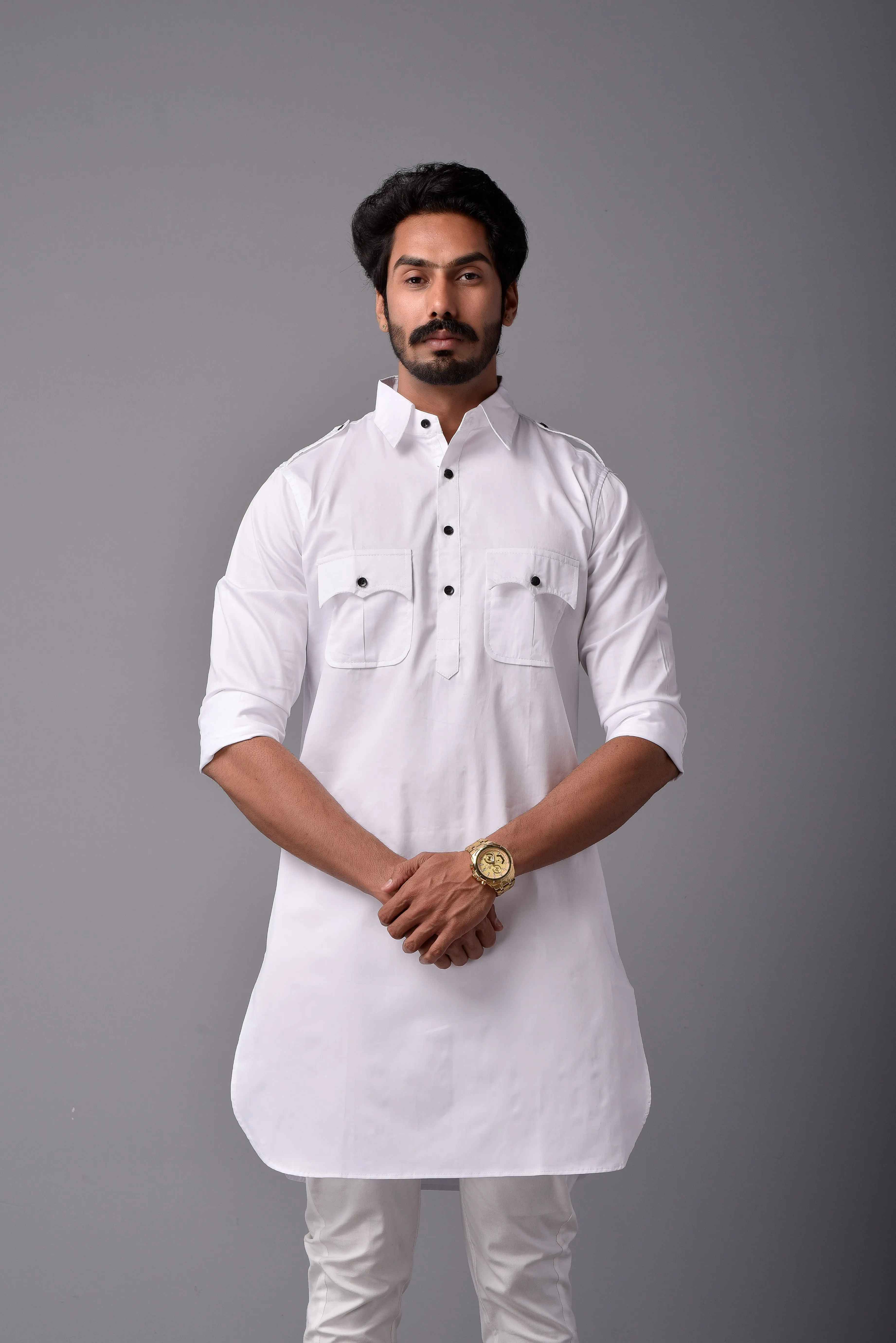 White Short Hunting Style Kurta-Pajama Set