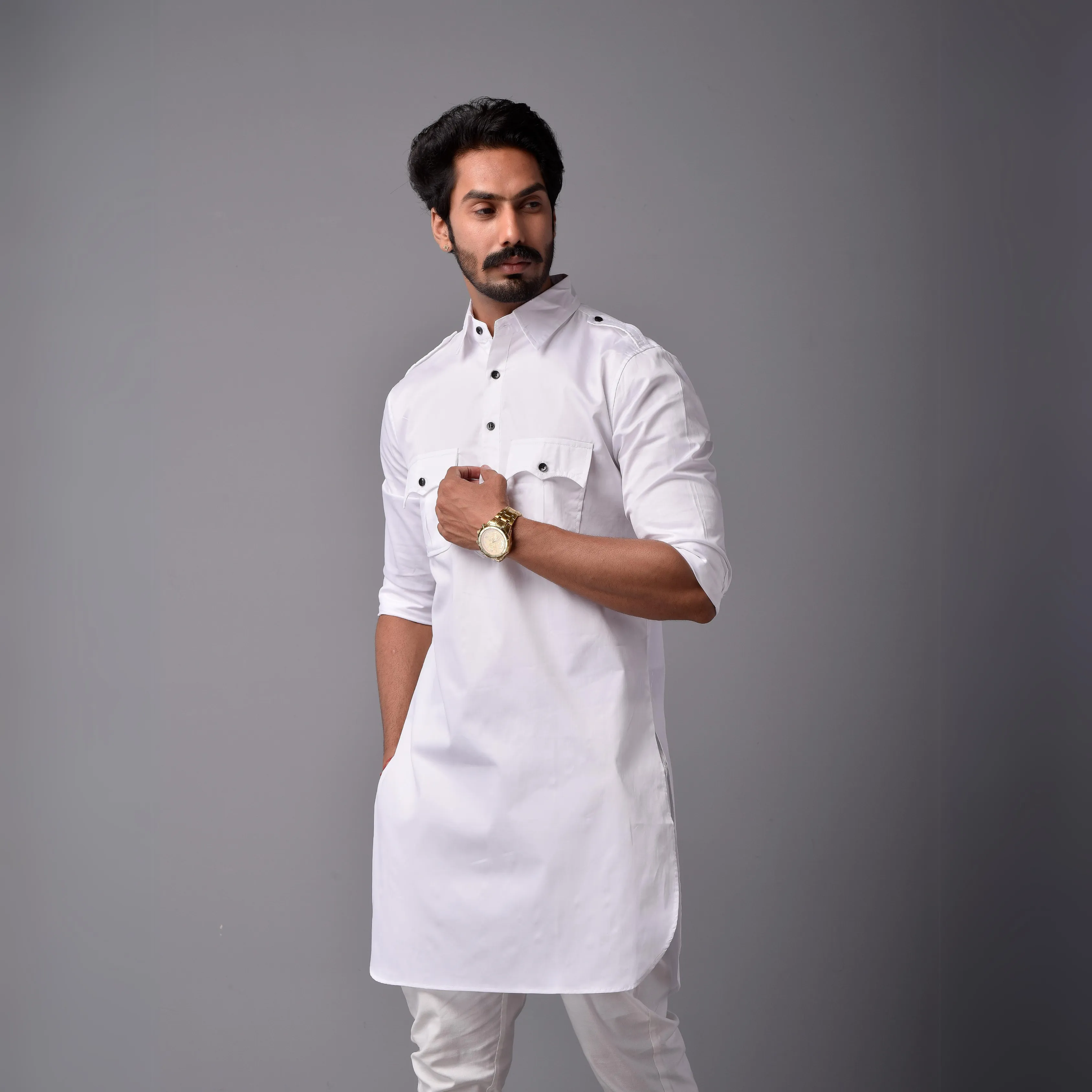 White Short Hunting Style Kurta-Pajama Set