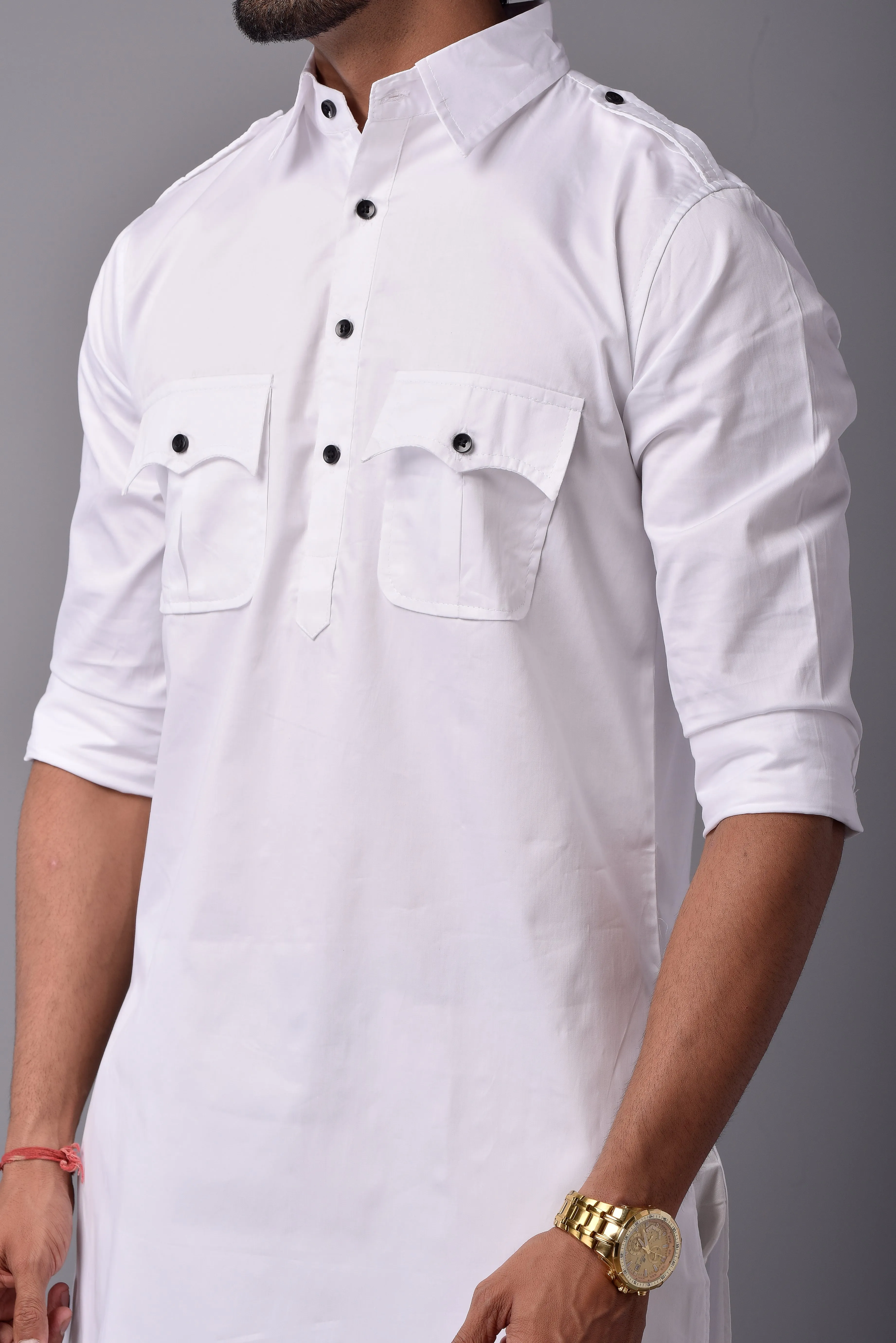 White Short Hunting Style Kurta-Pajama Set