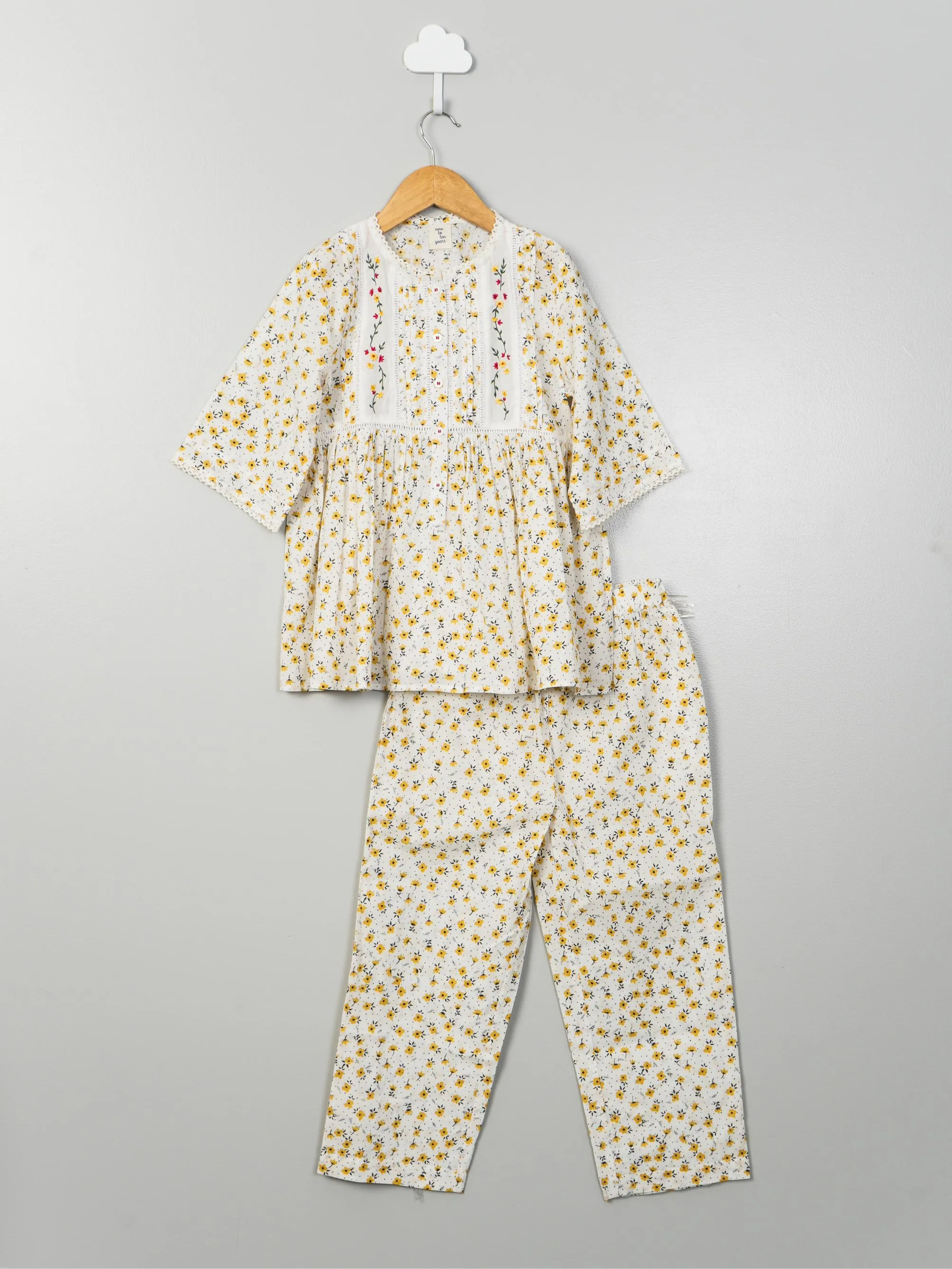 Yellow Floral and Lace Detail Pyjama Set